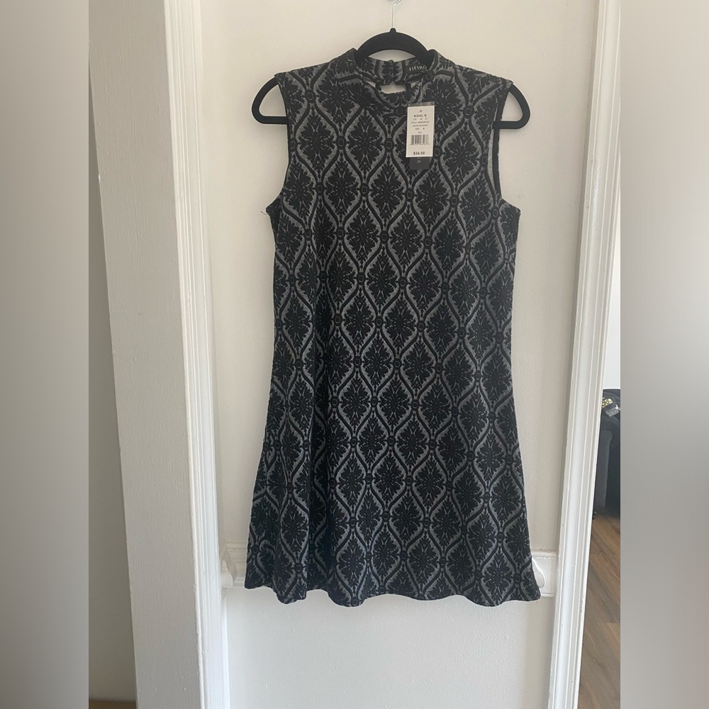 Mock-Neck Sleeveless Black Patterned Mini Dress